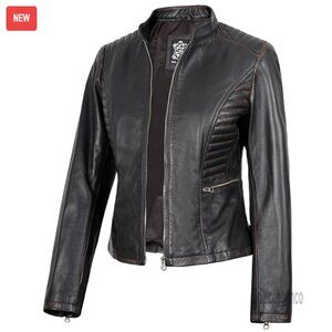 Lambskin Leather Jacket Cafe Racer Style Distressed Women's
